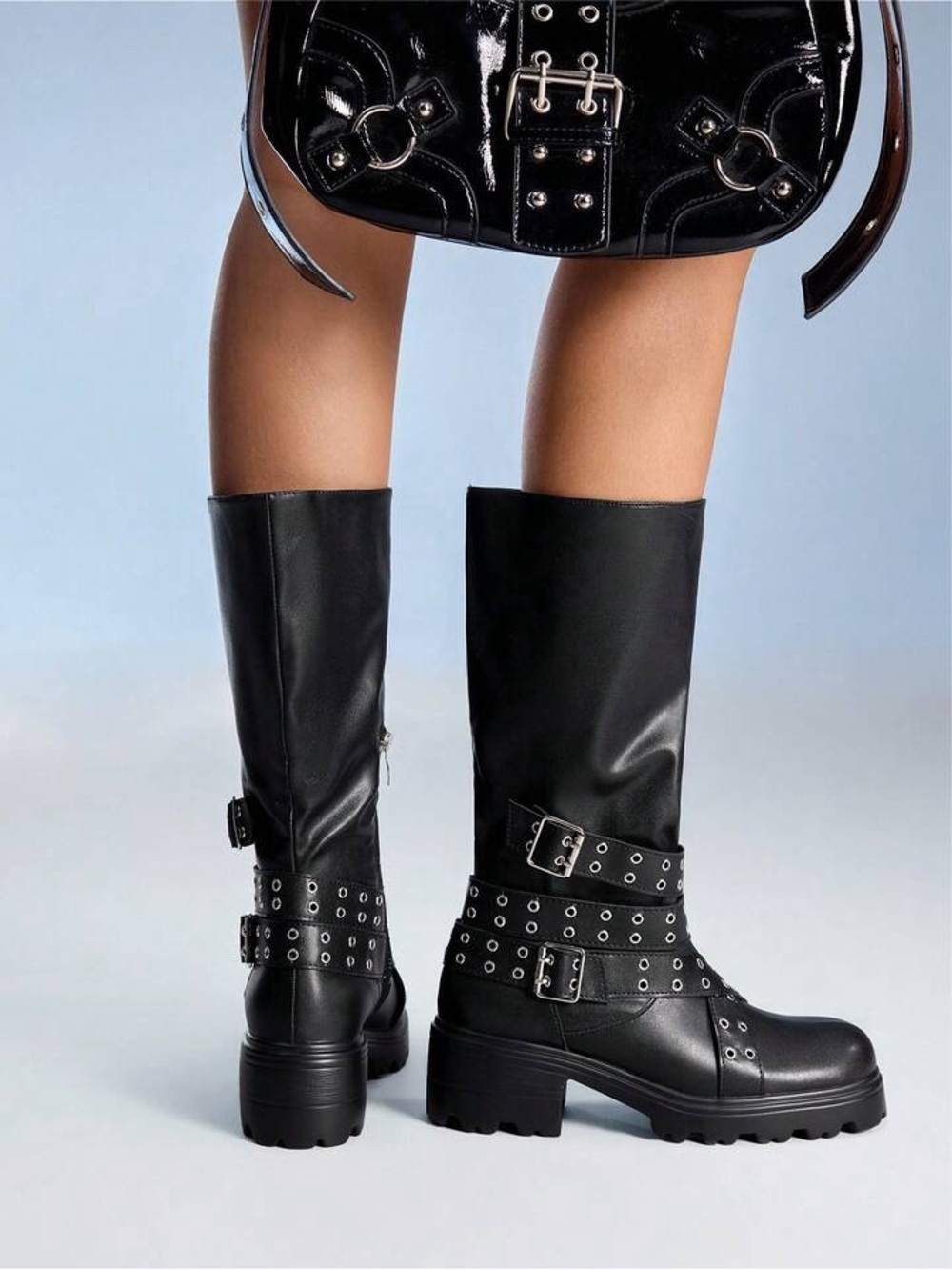 Black Women's Mid-Calf Lug Sole Buckle Boots